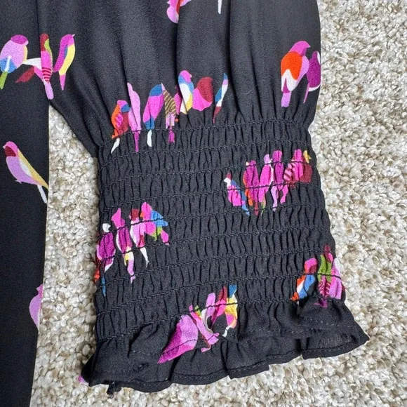 Kate Spade New York Womens Size S Bird Print Smocked High Neck Blouse Black - Picture 3 of 14